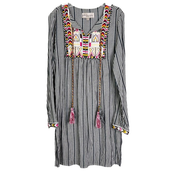 Philosophy Embroidered Tasseled Striped Tunic Bohemian Shirt Dress Women’s Sz M - Picture 1 of 11